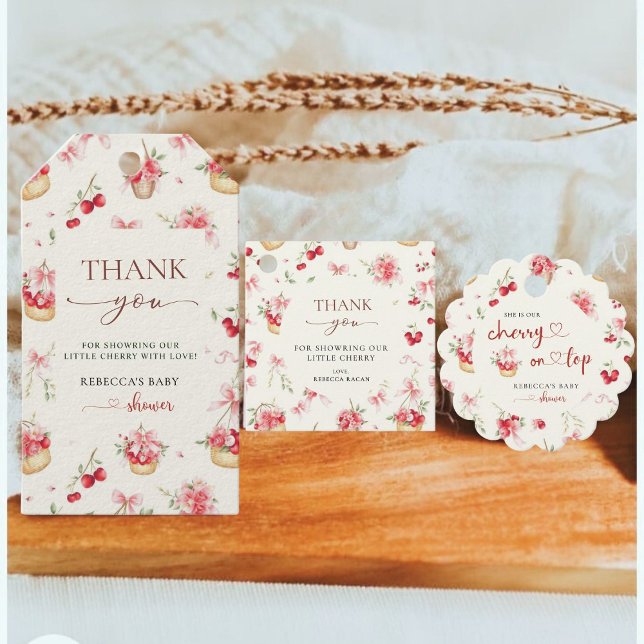 Cherry on Top Rosa Bow Baby Shower Tack Gåvor Etiketter (Skapare uppladdad)
