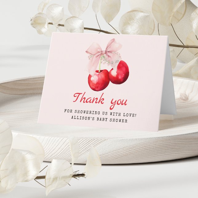 Cherry on Top Rosa Bow Baby Shower Tack Kort (Swet Cherry on top Thank you Card)