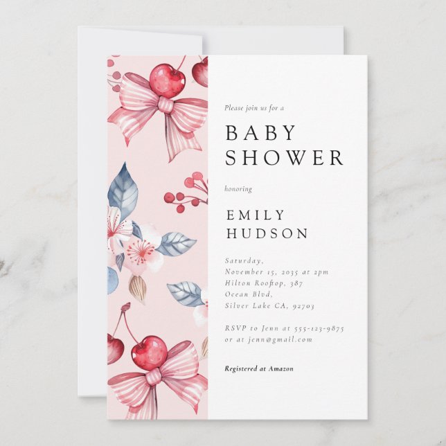 Cherry on Top Rosa Bow Coquette Baby Shower Inbjudningar (Framsida)