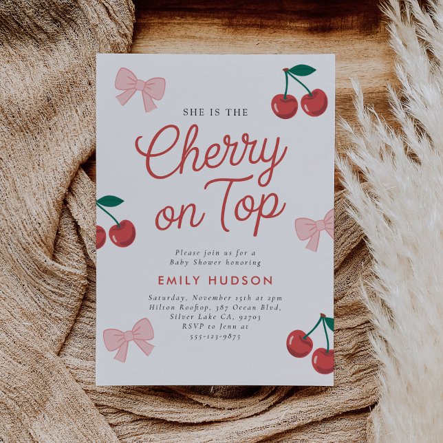 Cherry on Top Rosa Bow Coquette Baby Shower Inbjudningar (Skapare uppladdad)