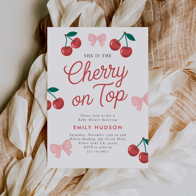 Cherry on Top Rosa Bow Coquette Baby Shower Inbjudningar (Skapare uppladdad)