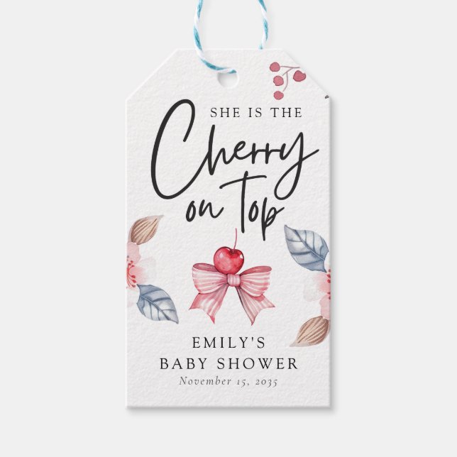 Cherry on Top Rosa Bow Coquette Baby Shower Presentetikett (Framsidan)