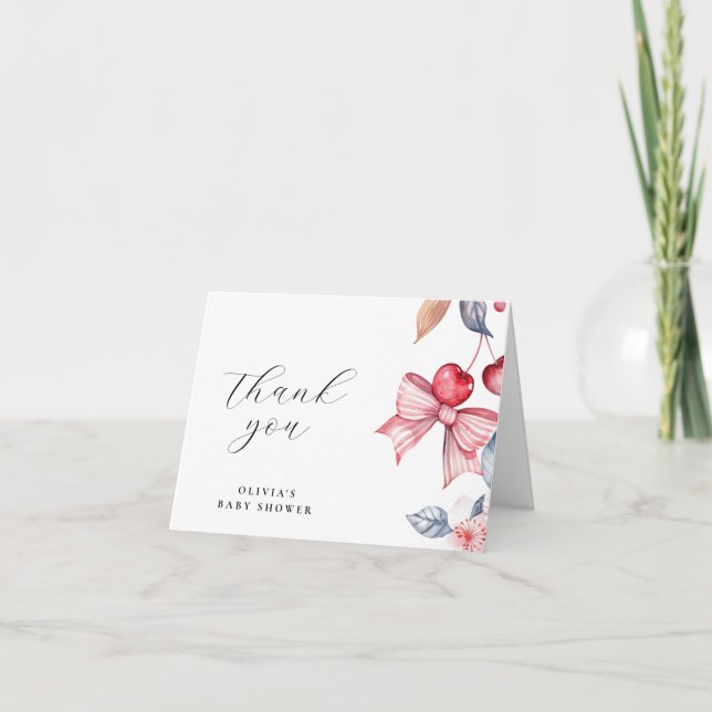Cherry on Top Rosa Bow Coquette Baby Shower Tack Kort (Framsida)