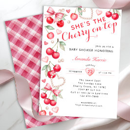 Cherry on Top - Rosa Bow & Gingham Baby Shower Inbjudningar