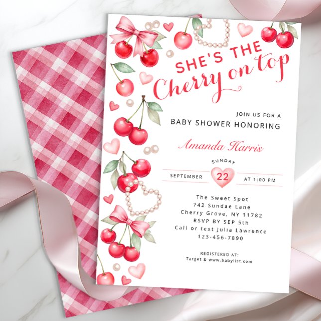 Cherry on Top - Rosa Bow & Gingham Baby Shower Inbjudningar (Cherry Themed Baby Shower)