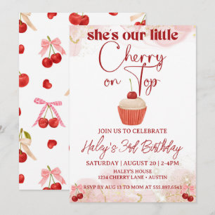 Cherry on Top Rosa Bow Girl Birthday-inbjudan Inbjudningar