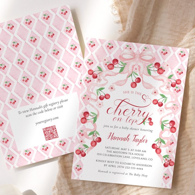 Cherry on Top Rosa Bow QR Code Baby Shower Inbjudningar (Skapare uppladdad)