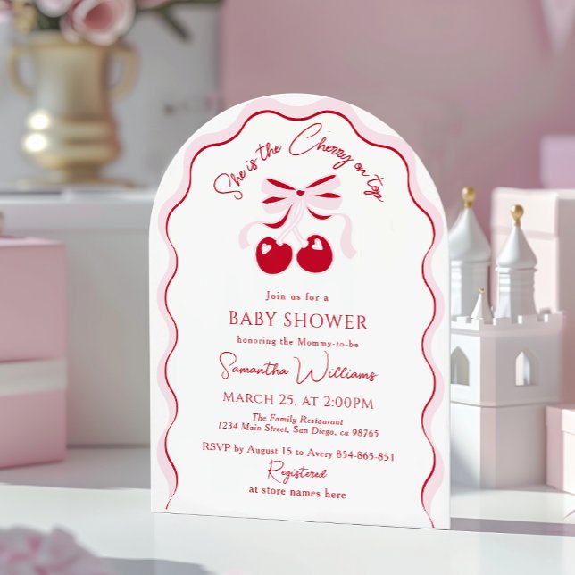 Cherry on Top Rosa Bow Red Flicka Shower Invita Inbjudningar (Skapare uppladdad)