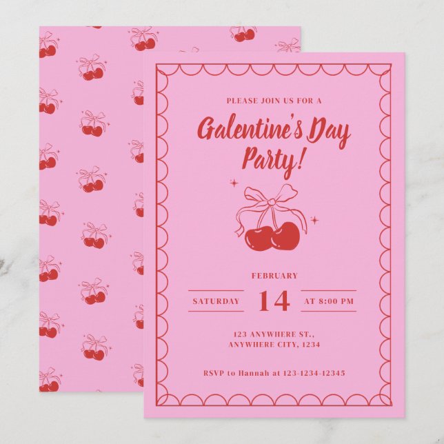 Cherry On Top Rosa Galentine's Day Inbjudningar (Fram/baksida)