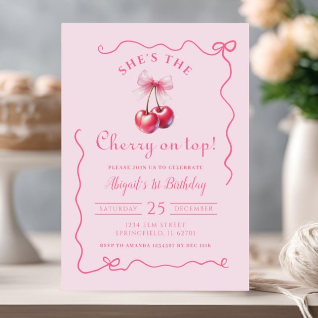 Cherry on Top Rosa Handdragen Birthday med Bow Inbjudningar (Skapare uppladdad)