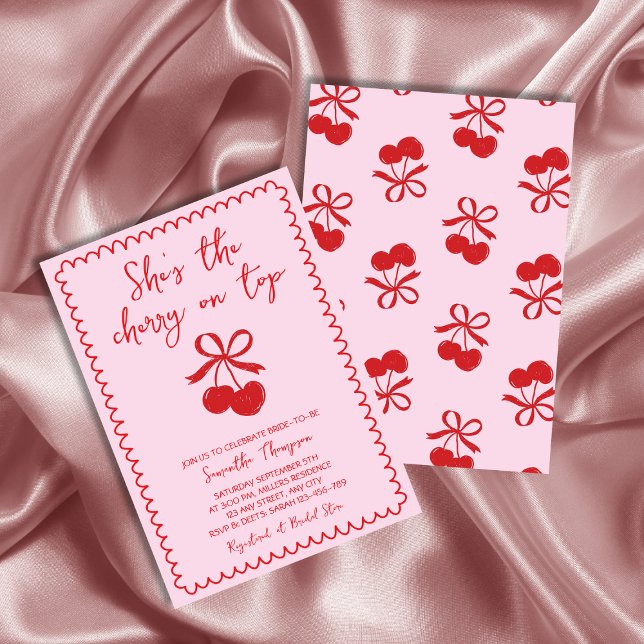 Cherry on Top Rosa & Red Hand plockade Möhippa Inbjudningar (Cherry On Top Pink & Red Hand Drawn Bridal Shower Invitation)