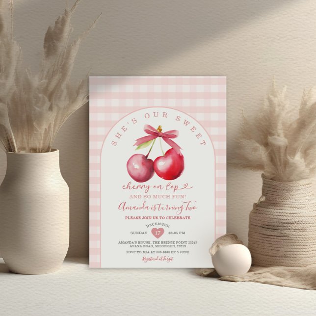 Cherry on Top Sweet Rosa Gingham Girl Baby Shower Inbjudningar (Skapare uppladdad)