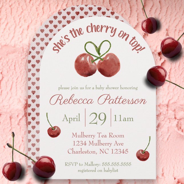 "Cherry on Top", vattenfärgsbabyskor för Coquette Inbjudningar ("she's the cherry on top" watercolor cherry girls baby shower invitation cute coquette  berry sweet)