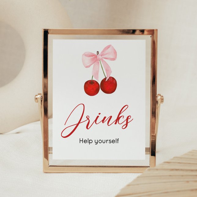 Cherry på Top Baby Shower Drinks Poster (Cherry on Top Pink Bow Baby Shower Drinks Sign)