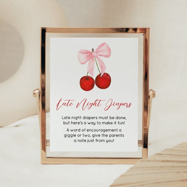 Cherry på Top Baby Shower Late Night Diaper Poster (Cherry on Top Pink Bow Baby Shower Late Night Diapers Sign)