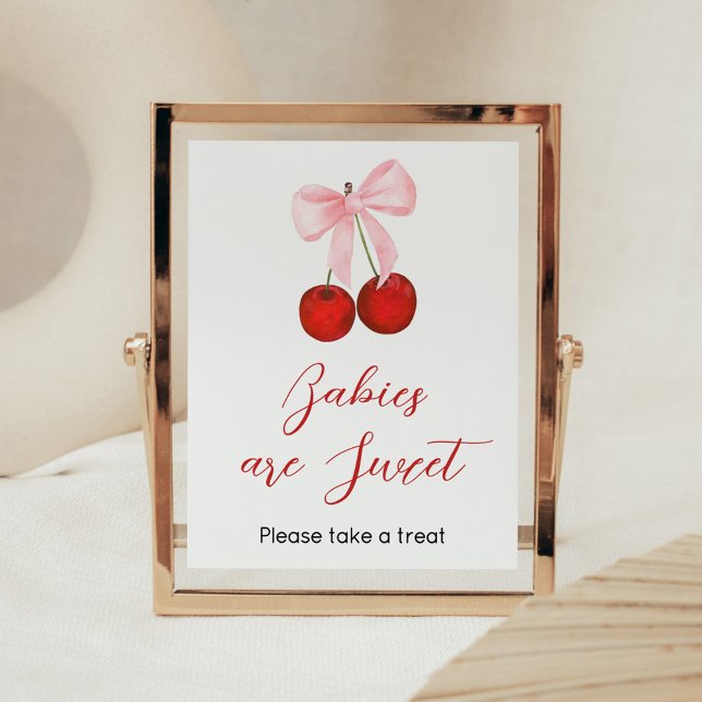 Cherry på Top Baby Shower Spädbarn är Sweet Poster (Cherry on Top Pink Bow Baby Shower Babies are Sweet Sign)