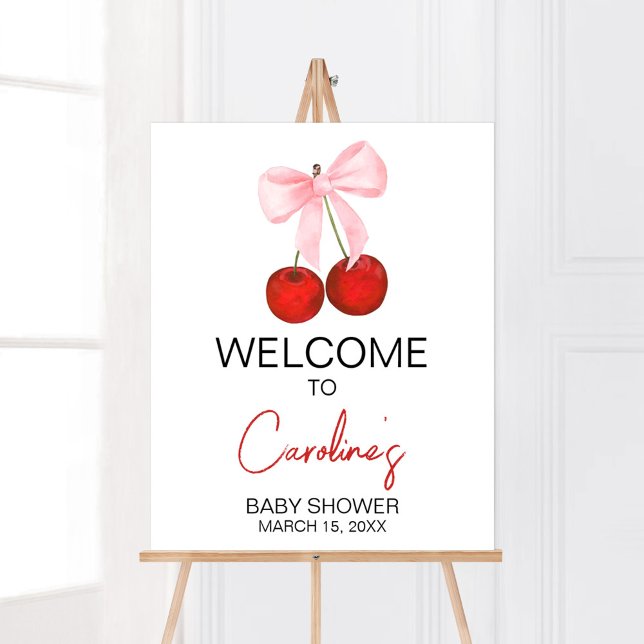 Cherry på Top Baby Shower Välkommen Poster (Cherry on Top Pink Bow Baby Shower Welcome Sign)