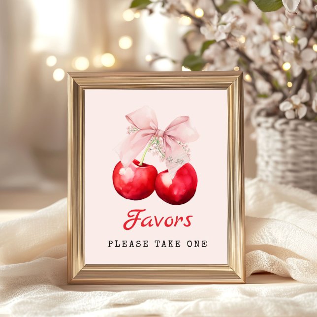 Cherry på Top Rosa Bow Baby Shower-favoriter Poster (Cherry on Top Pink Bow Baby Shower Favors Please take One Poster)
