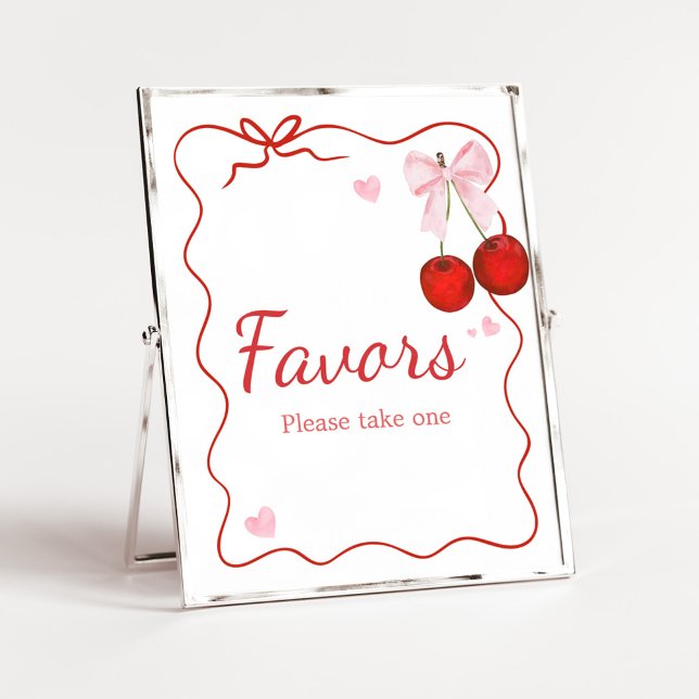 Cherry på Top Rosa Bow Baby Shower-favoriter Poster (Cherry on Top Baby Shower Favors Sign)