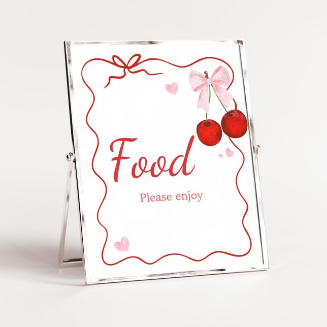 Cherry på Top Rosa Bow Baby Shower Food Poster (Cherry on Top Baby Shower Food Sign)