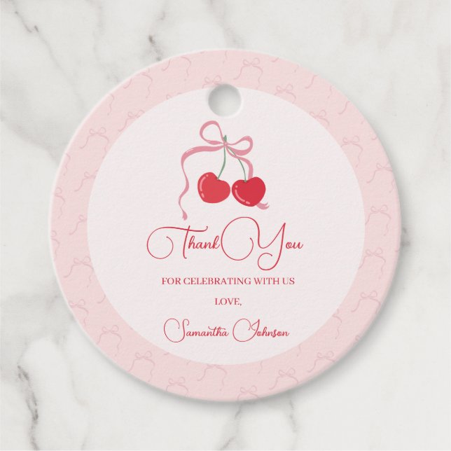 Cherry på Top Rosa Bow Babydusch Gåvor Etiketter (Framsida)