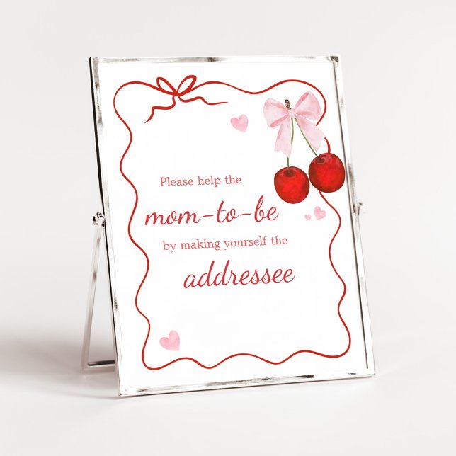 Cherry på Top Rosa Bow BabyShower-kuvert Station Poster (Cherry on Top Baby Shower Envelope Station Sign)