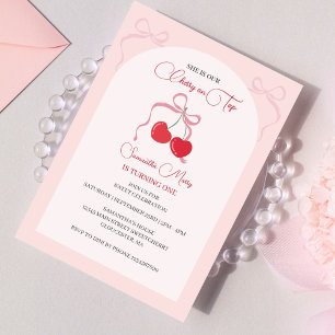 Cherry på Top Rosa Bow Birthday Inbjudningar