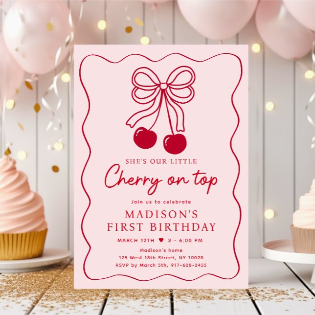 Cherry på Top Rosa Bow Birthday Inbjudningar (Skapare uppladdad)