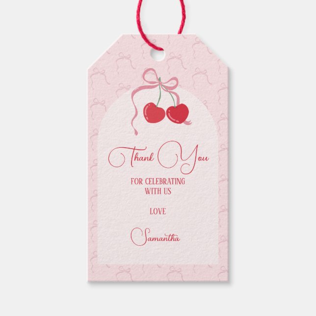 Cherry på Top Rosa Bow Birthday Presentetikett (Framsidan)