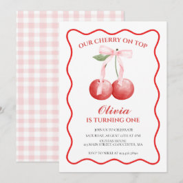 Cherry på Top Rosa Bow-diskett 1:a födelsedag Inbjudningar