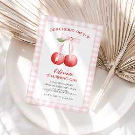 Cherry på Top Rosa Bow-diskett 1:a födelsedag Inbjudningar