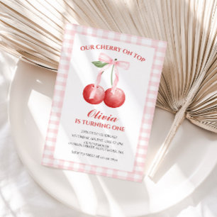 Cherry på Top Rosa Bow-diskett 1:a födelsedag Inbjudningar