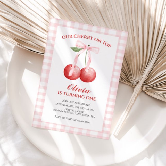 Cherry på Top Rosa Bow-diskett 1:a födelsedag Inbjudningar (Skapare uppladdad)