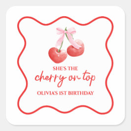 Cherry på Top Rosa Bow-födelsedag Fyrkantigt Klistermärke