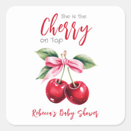 Cherry på Top Rosa Bow Girl Baby Shower Fyrkantigt Klistermärke