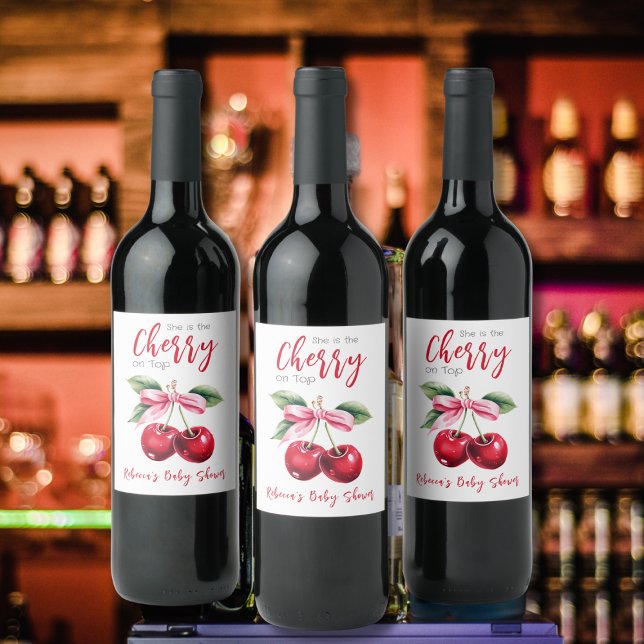 Cherry på Top Rosa Bow Girl Baby Shower Vinflaska Etikett (Skapare uppladdad)