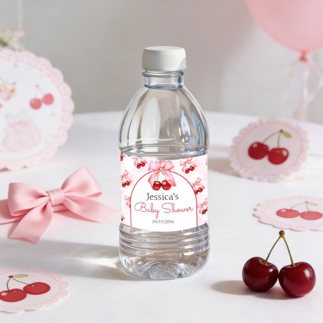 Cherry Pink Bow Girl Baby Shower  Vattenflaskor Etikett (Pink bow and cherry baby shower water bottle labels)
