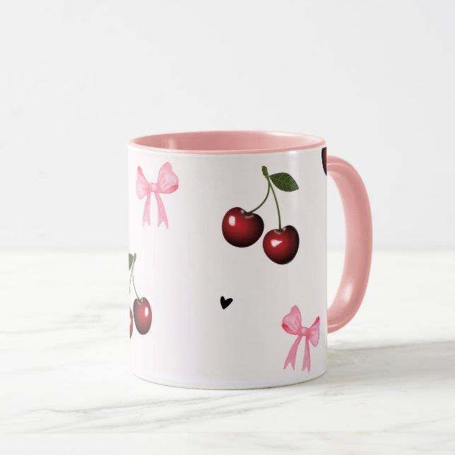 Cherry & Pink Bows Pattern - Coquette Aesthetic Mugg (Framsida höger)