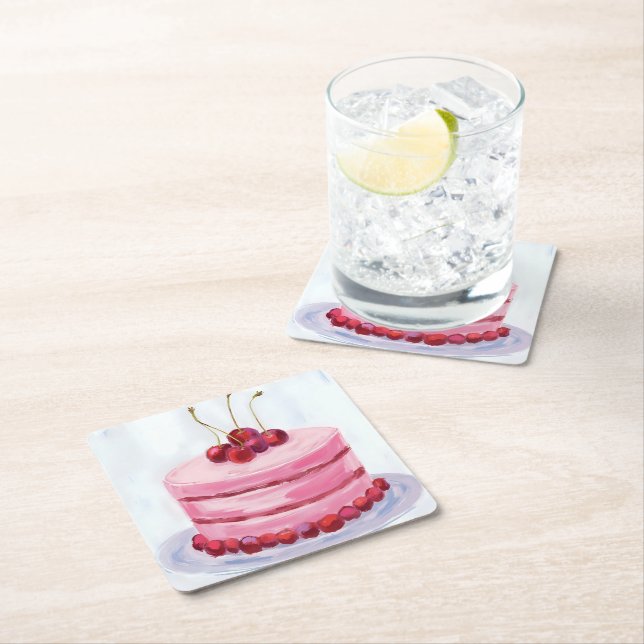 Cherry Pink Cake Watercolor Celebration Party Underlägg Papper Kvadrat (Insitu)