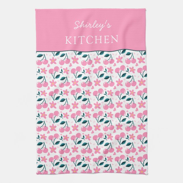 Cherry Pink Personalized Tea Towel | Custom Name K Kökshandduk (Vertikal)