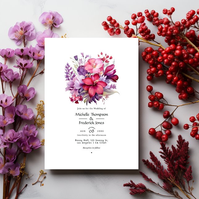 Cherry Red and Heather Lila Blommigt Fall Wedding Inbjudningar (Skapare uppladdad)