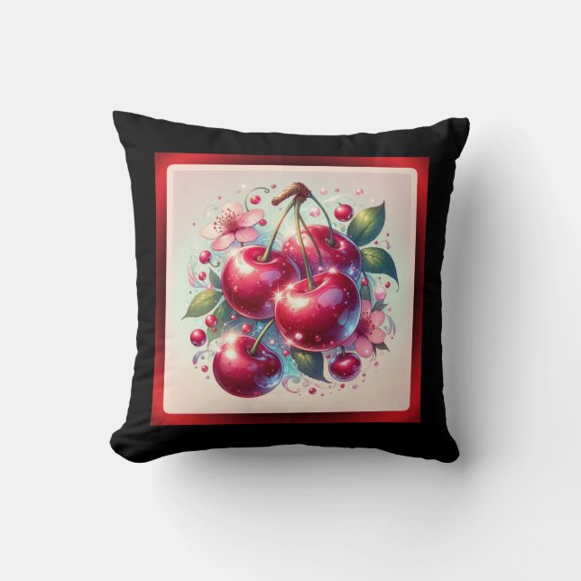 Cherry Red Cute Cherries Blommigt Girly Rosa Kudde (Framsida)