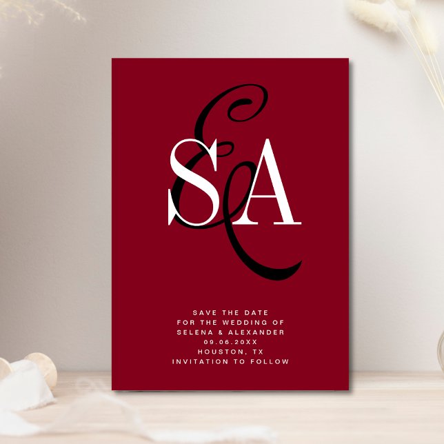 Cherry Red Elegant Script Monogram Bröllop Spara Datumet (Skapare uppladdad)