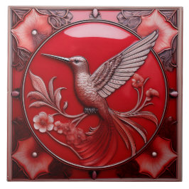 Cherry red faux relief Art Nouveau Hummingbird L Kakelplatta