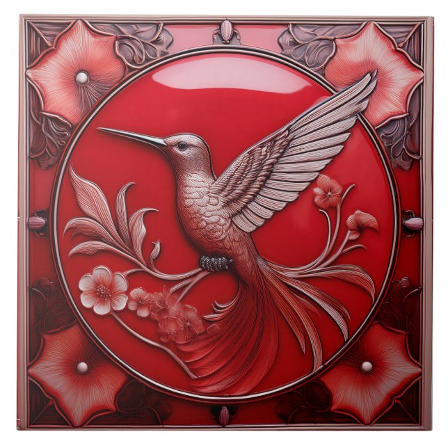 Cherry red faux relief Art Nouveau Hummingbird L Kakelplatta (Framsidan)