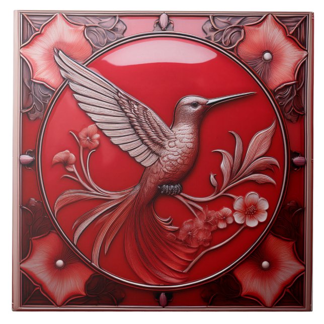 Cherry red faux relief Art Nouveau Hummingbird R Kakelplatta (Framsidan)