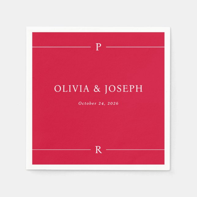 Cherry Red | Modern Linjer och Monogram Bröllop Pappersservett (Framsidan)