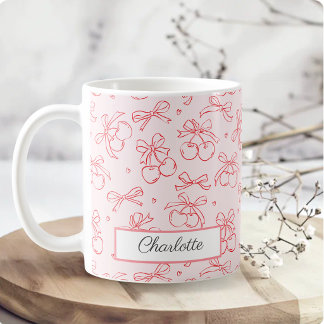 Cherry Red Rosa Båge Coquette Personligt Namn Kaffemugg