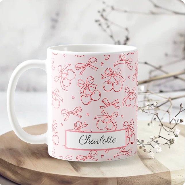Cherry Red Rosa Båge Coquette Personligt Namn Kaffemugg (Skapare uppladdad)