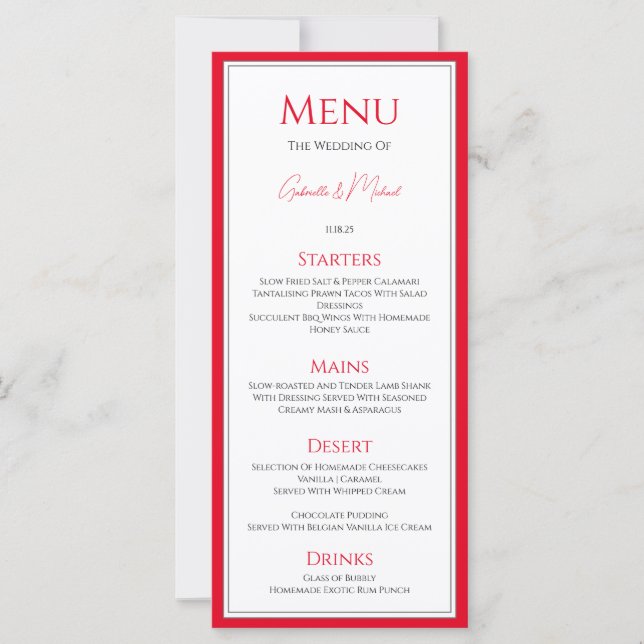 Cherry Red Traditional Simple Elegant bröllop Menu (Framsida)